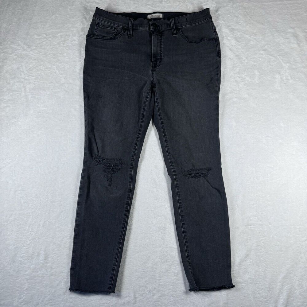 Madewell Womens 9" Mid Rise Skinny Jeans Size 31P Raw Hem Distressed Black Denim